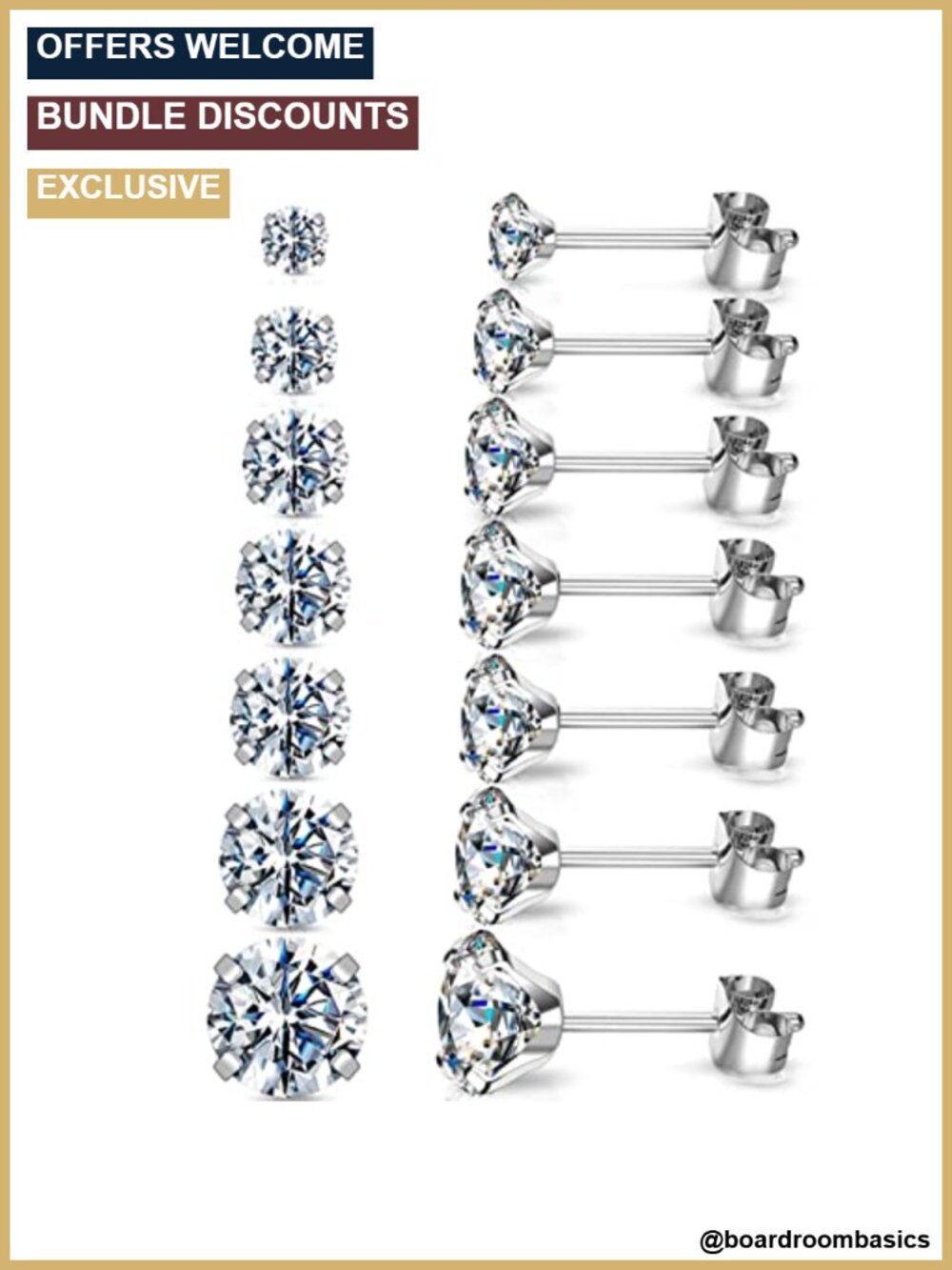 Hypoallergenic Titanium Stainless Steel CZ Stud Hoop Earrings Set 7 Pairs